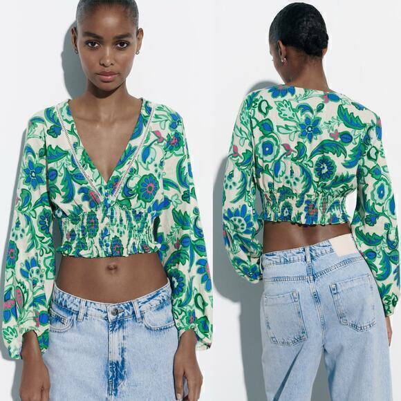 Zara Floral‎ Cropped Long-sleeve Green and Blue Size L - Picture 1 of 7